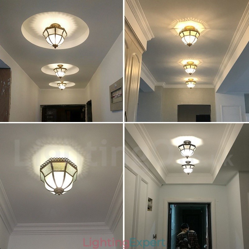 Pure Brass Rustic Lodge Nordic Style Flush Mount Ceiling Light with Glass Shade