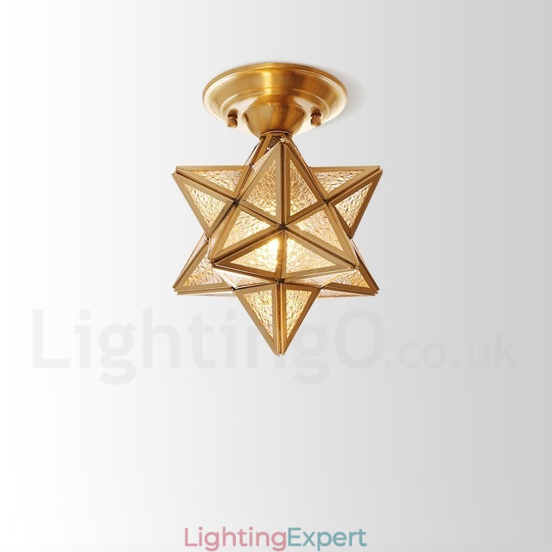 Pure Brass Rustic Lodge Nordic Style Flush Mount Ceiling Light with Glass Shade