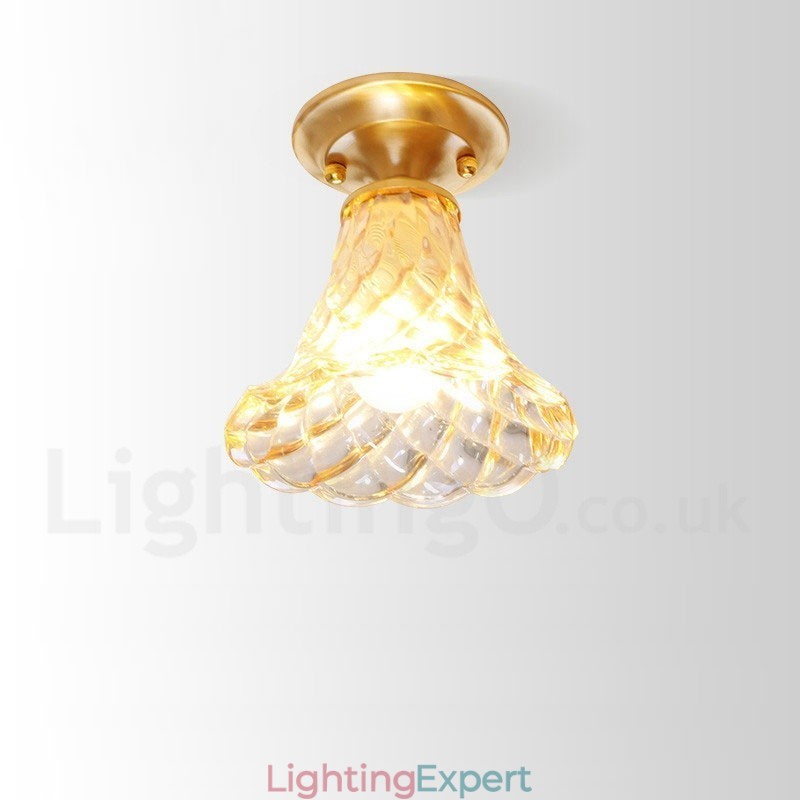 Pure Brass Rustic Lodge Nordic Style Flush Mount Ceiling Light with Glass Shade