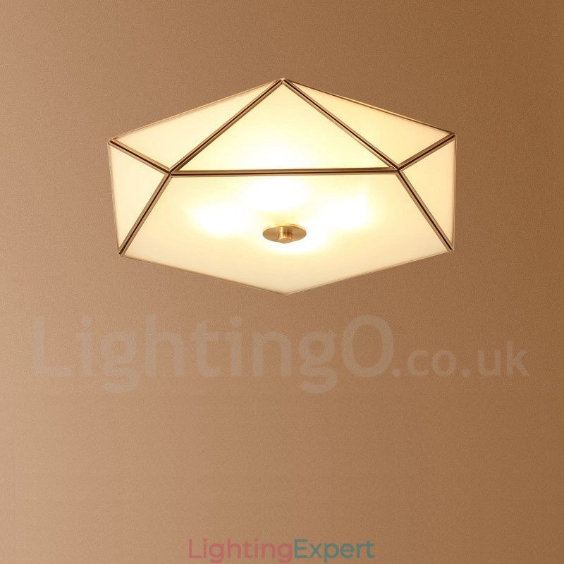 Pure Brass Rustic Lodge Nordic Style Flush Mount Ceiling Light with Glass Shade