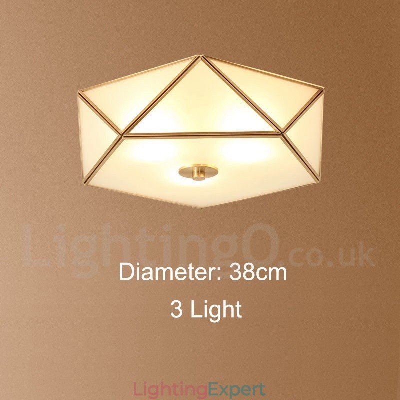 Pure Brass Rustic Lodge Nordic Style Flush Mount Ceiling Light with Glass Shade