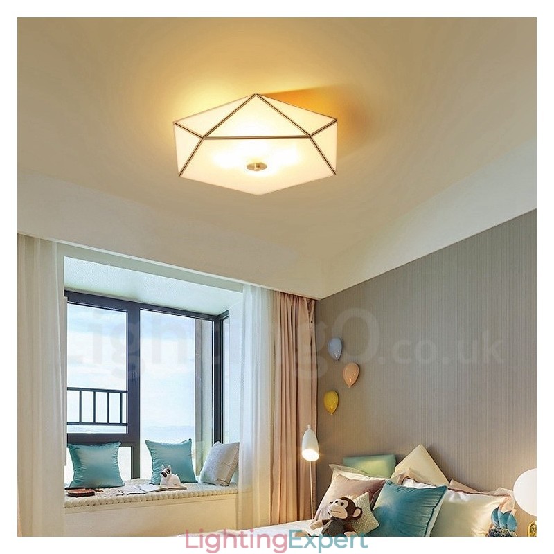 Pure Brass Rustic Lodge Nordic Style Flush Mount Ceiling Light with Glass Shade