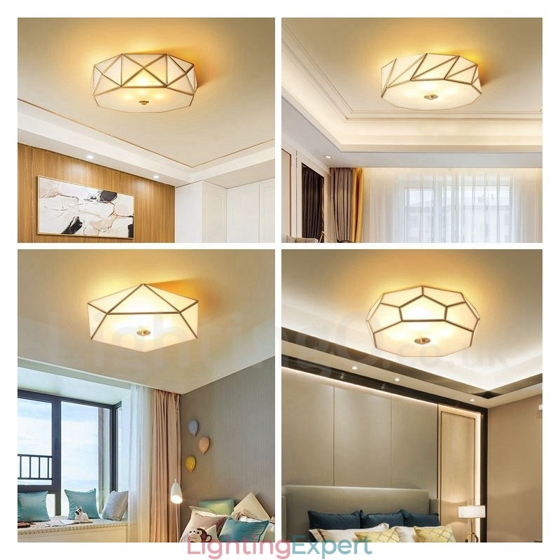 Pure Brass Rustic Lodge Nordic Style Flush Mount Ceiling Light with Glass Shade