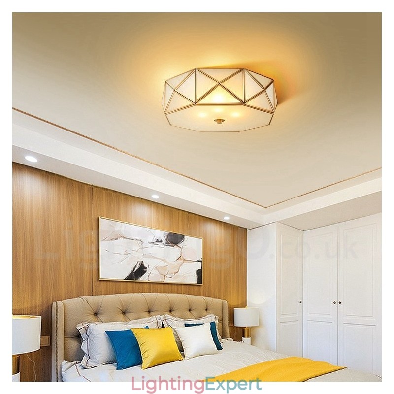 Pure Brass Rustic Lodge Nordic Style Flush Mount Ceiling Light with Glass Shade