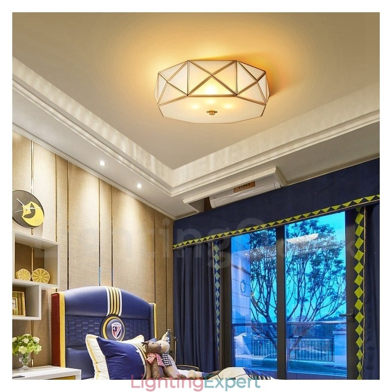 Pure Brass Rustic Lodge Nordic Style Flush Mount Ceiling Light with Glass Shade