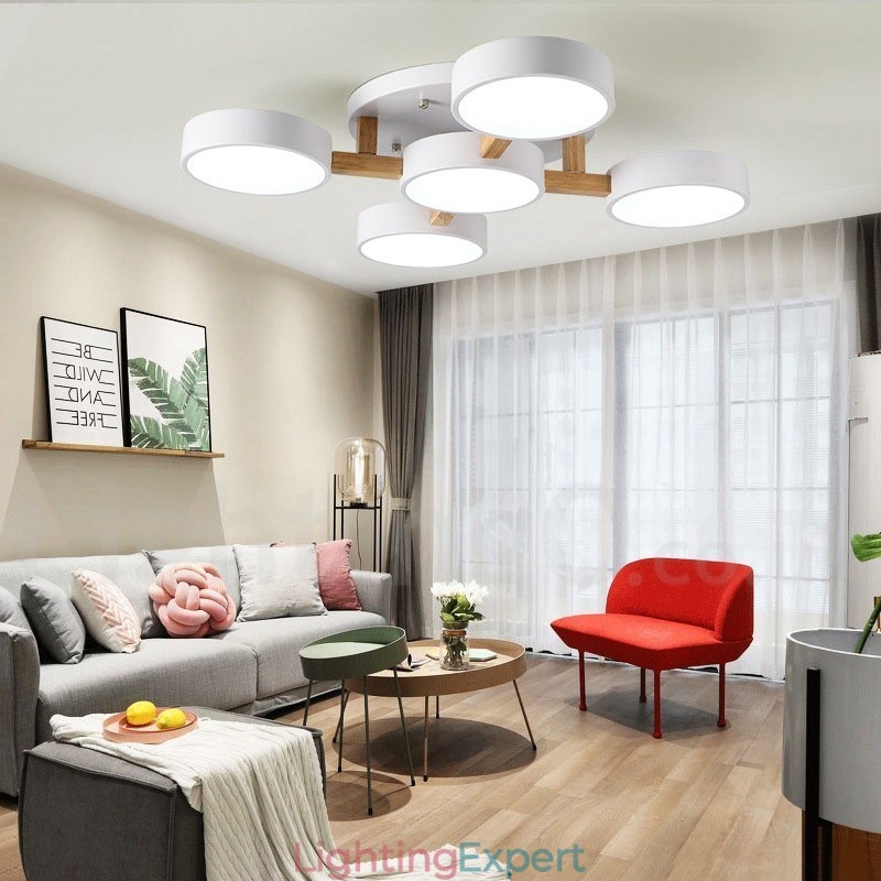Wood Chandelier Modern Contemporary Nordic Style Flush Mount Ceiling Light with Acrylic Shade
