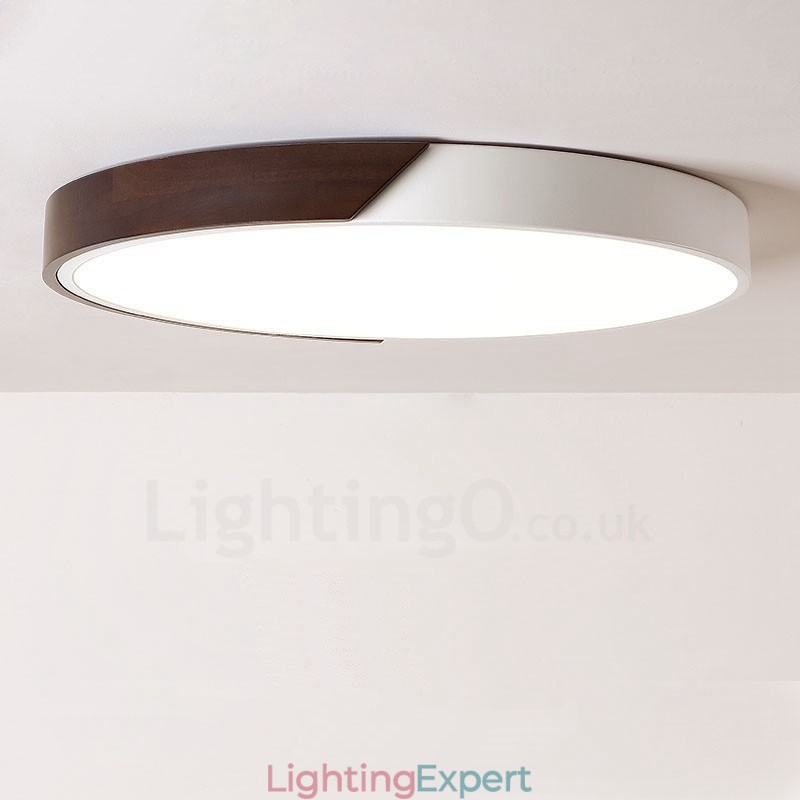 Retro Walnut Colour Wood Ultra Thin Round Dimmable Flush Mount Ceiling Lights with Acrylic Shade Also Can Be Used As Wall Light