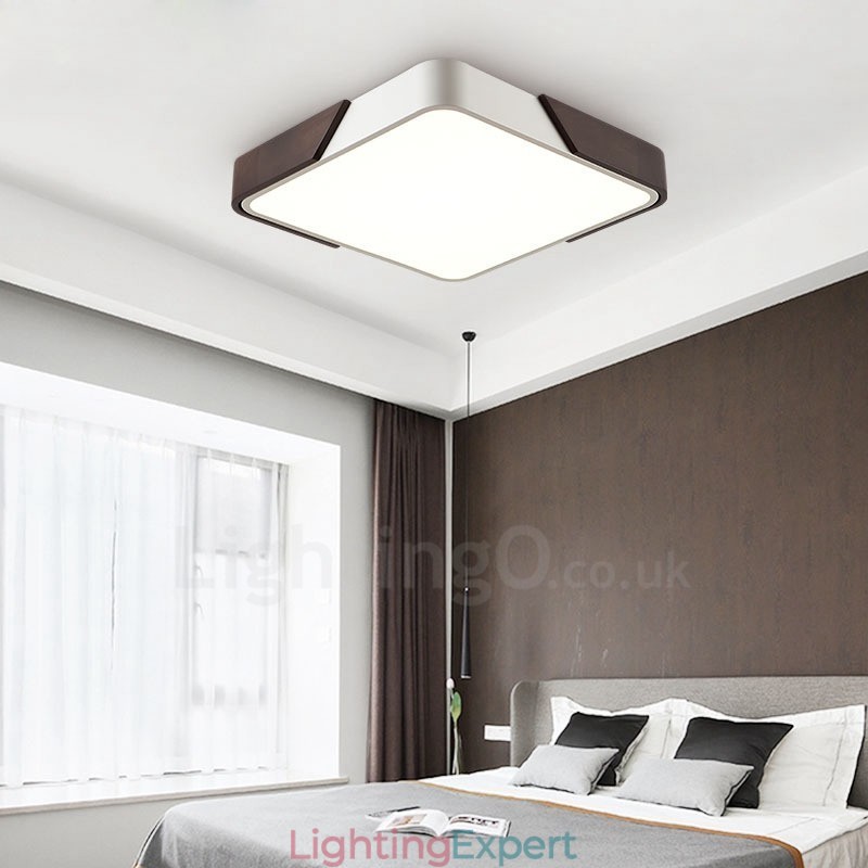 Retro Walnut Colour Wood Ultra Thin Square Dimmable Flush Mount Ceiling Lights with Acrylic Shade Also Can Be Used As Wall Light