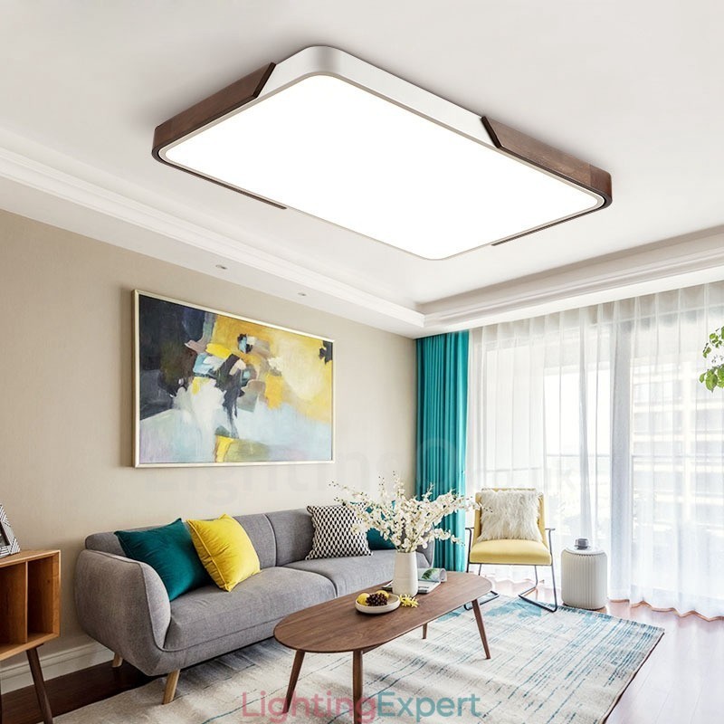Retro Walnut Colour Wood Ultra Thin Rectangle Dimmable Flush Mount Ceiling Lights with Acrylic Shade Also Can Be Used As Wall Light