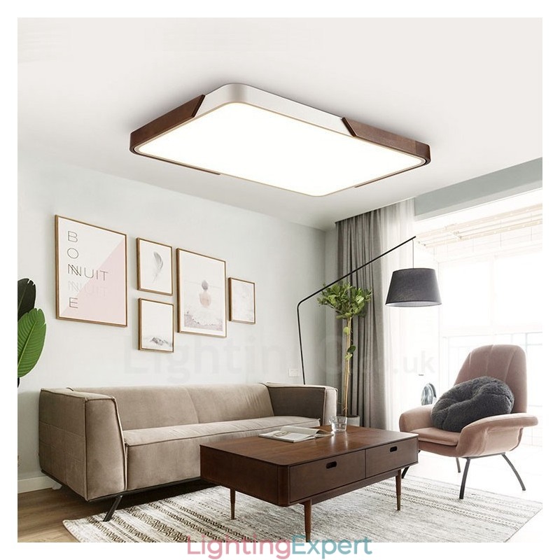 Retro Walnut Colour Wood Ultra Thin Rectangle Dimmable Flush Mount Ceiling Lights with Acrylic Shade Also Can Be Used As Wall Light
