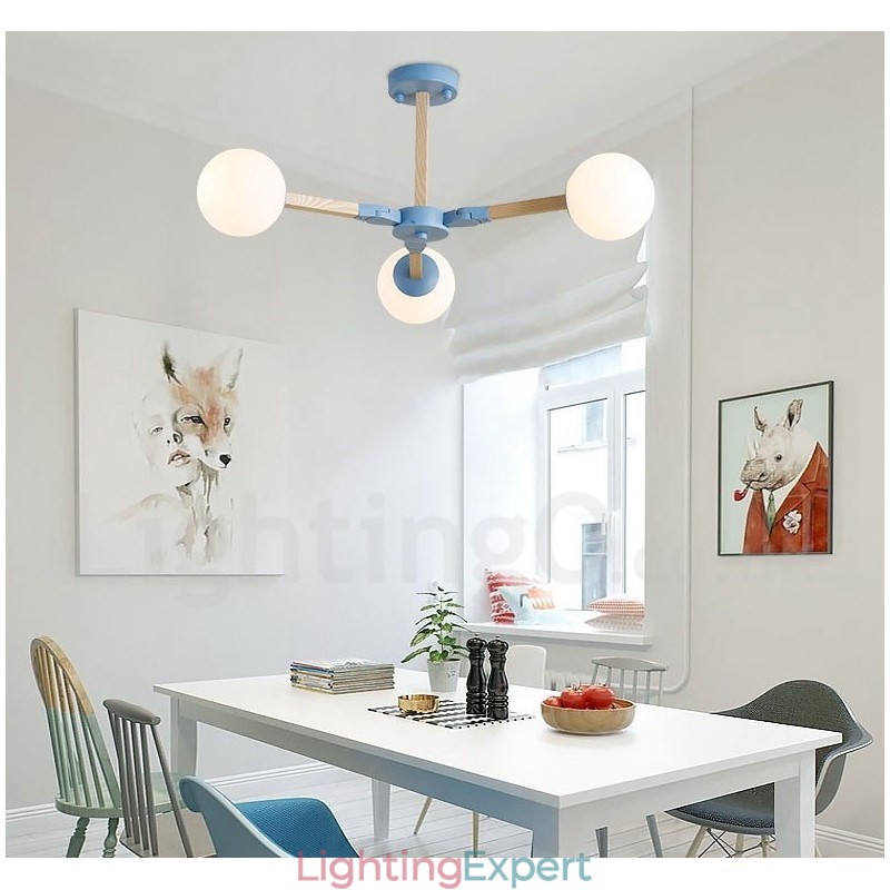 Wooden Nordic Modern Magic Bean Wood Molecular Chandelier with Glass Shades