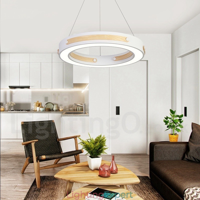 Multi Wood Colours Ring Modern Contemporary Pendant Light with Acrylic Shade