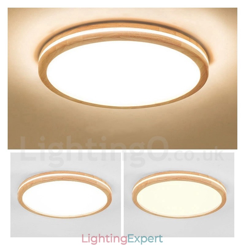 Dimmable Round Wooden with Lens Modern Contemporary Nordic Style Flush Mount Wood Ceiling Light with Acrylic Shade and Remote Control Also Can Be Used As Wall Light