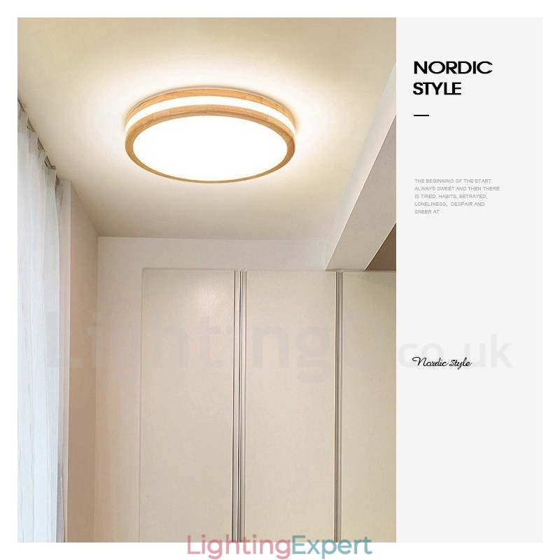 Dimmable Round Wooden with Lens Modern Contemporary Nordic Style Flush Mount Wood Ceiling Light with Acrylic Shade and Remote Control Also Can Be Used As Wall Light