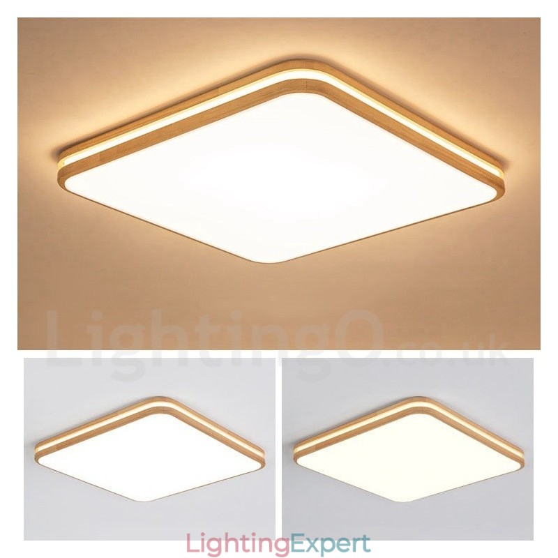 Square Wooden with Lens Modern Contemporary Nordic Style Flush Mount Wood Ceiling Light with Acrylic Shade and Remote Control Also Can Be Used As Wall Light