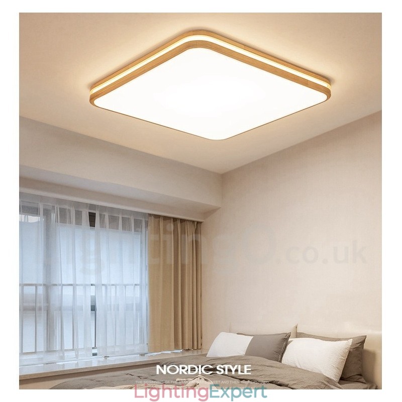 Square Wooden with Lens Modern Contemporary Nordic Style Flush Mount Wood Ceiling Light with Acrylic Shade and Remote Control Also Can Be Used As Wall Light
