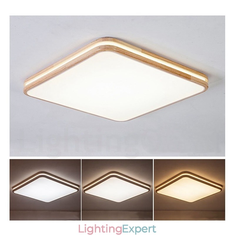 Square Wooden with Lens Modern Contemporary Nordic Style Flush Mount Wood Ceiling Light with Acrylic Shade and Remote Control Also Can Be Used As Wall Light