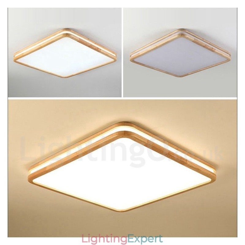 Square Wooden with Lens Modern Contemporary Nordic Style Flush Mount Wood Ceiling Light with Acrylic Shade and Remote Control Also Can Be Used As Wall Light