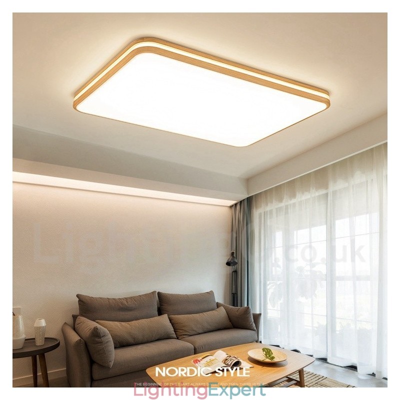 Dimmable Rectangle Wooden with Lens Modern Contemporary Nordic Style Flush Mount Wood Ceiling Light with Acrylic Shade and Remote Control Also Can Be Used As Wall Light