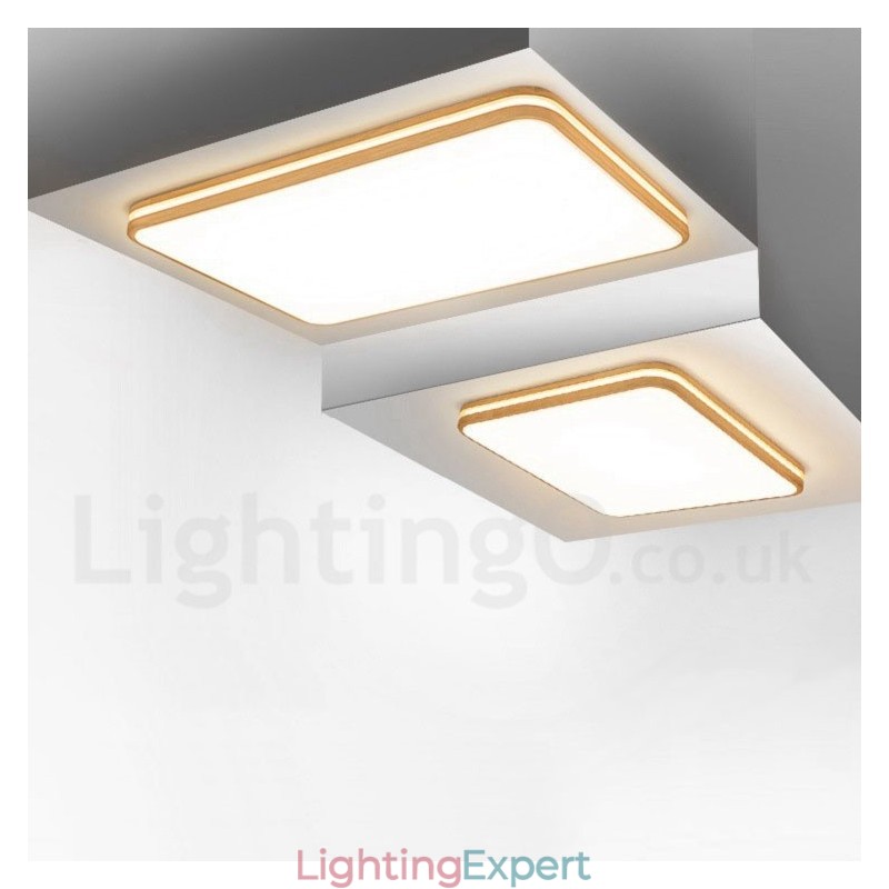 Dimmable Rectangle Wooden with Lens Modern Contemporary Nordic Style Flush Mount Wood Ceiling Light with Acrylic Shade and Remote Control Also Can Be Used As Wall Light