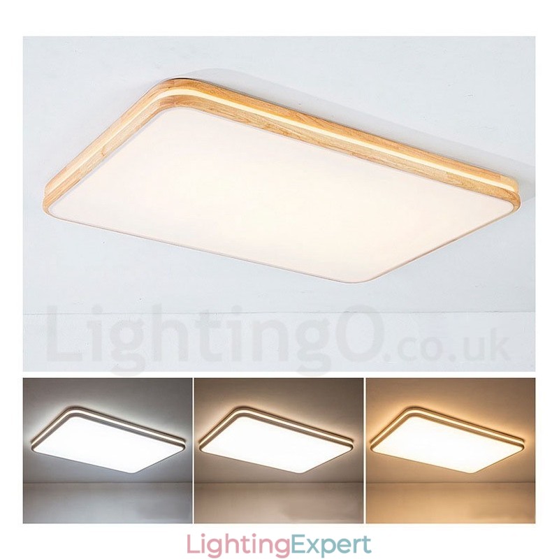 Dimmable Rectangle Wooden with Lens Modern Contemporary Nordic Style Flush Mount Wood Ceiling Light with Acrylic Shade and Remote Control Also Can Be Used As Wall Light