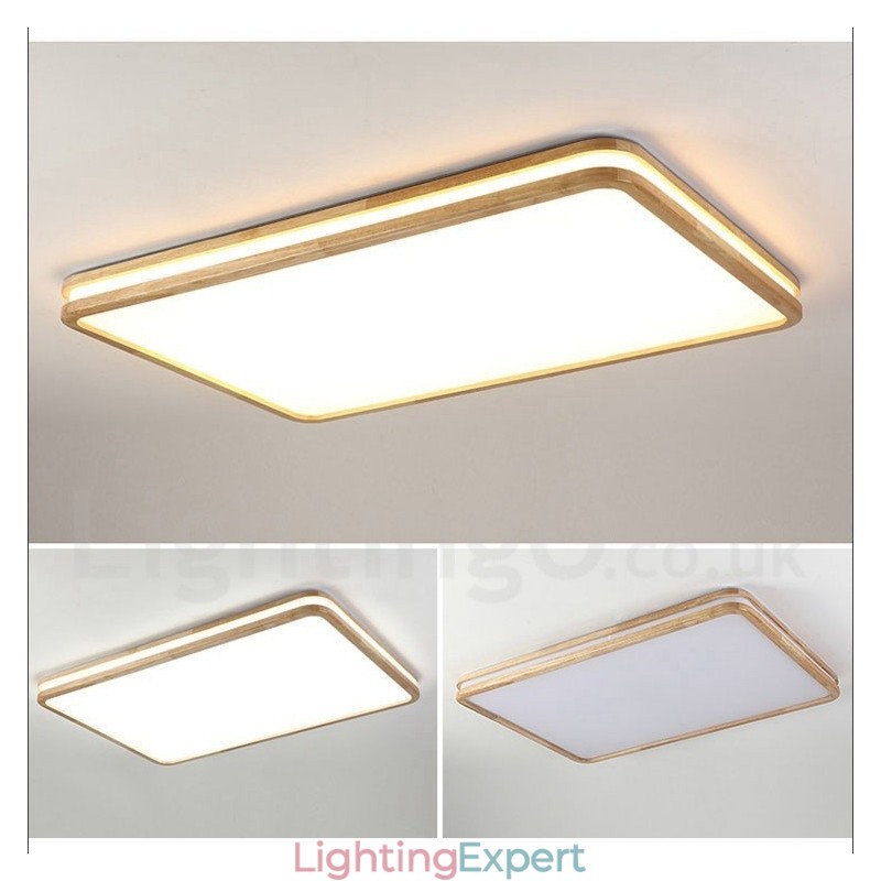 Dimmable Rectangle Wooden with Lens Modern Contemporary Nordic Style Flush Mount Wood Ceiling Light with Acrylic Shade and Remote Control Also Can Be Used As Wall Light