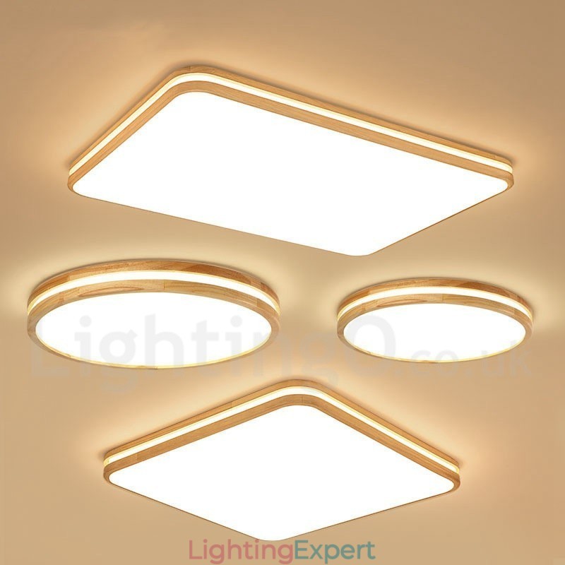 Dimmable Rectangle Wooden with Lens Modern Contemporary Nordic Style Flush Mount Wood Ceiling Light with Acrylic Shade and Remote Control Also Can Be Used As Wall Light