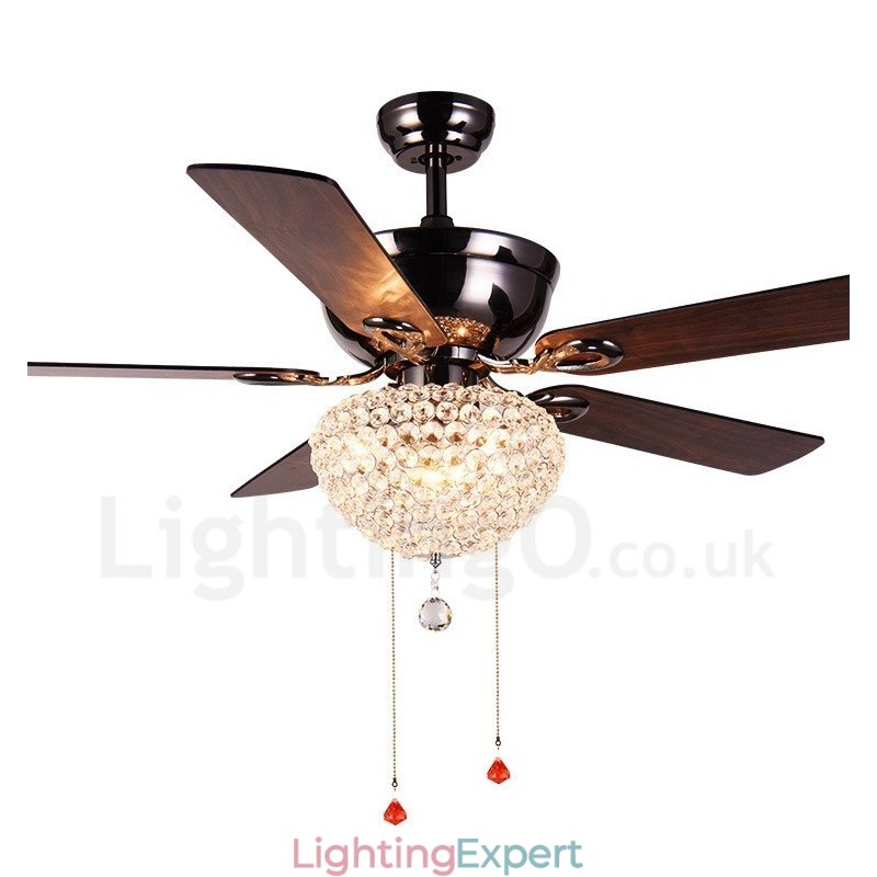 132CM (52") American Style Wood Retro Remote Control Ceiling Fan Light with Crystal Shade Mute Pure Copper Motor