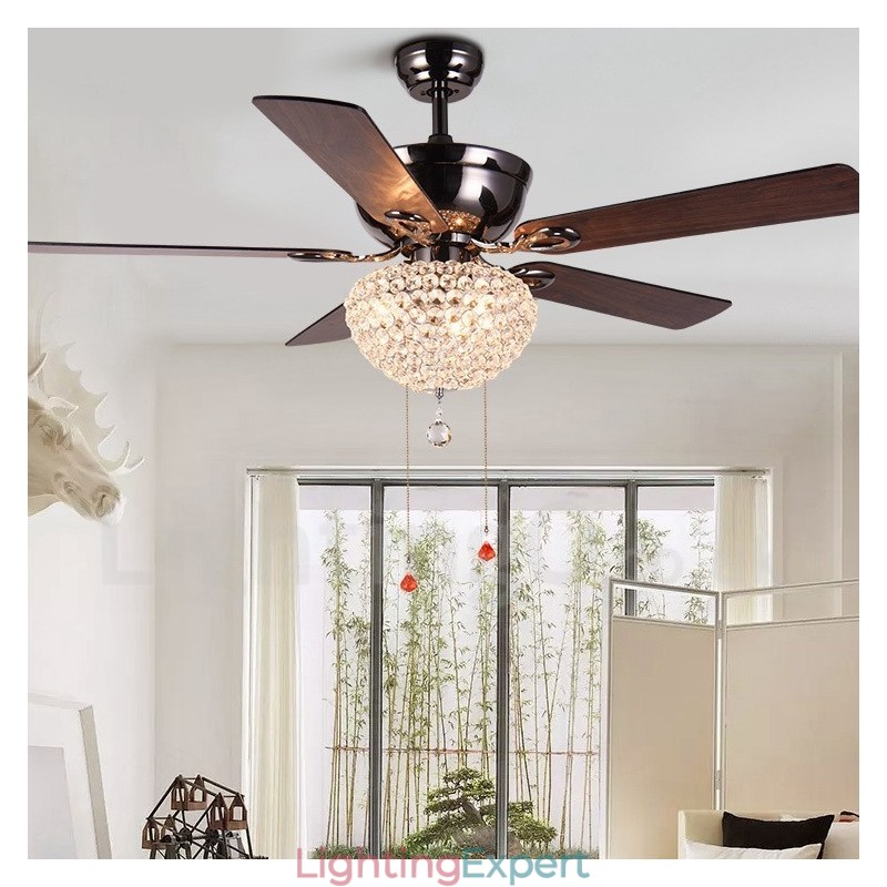132CM (52") American Style Wood Retro Remote Control Ceiling Fan Light with Crystal Shade Mute Pure Copper Motor