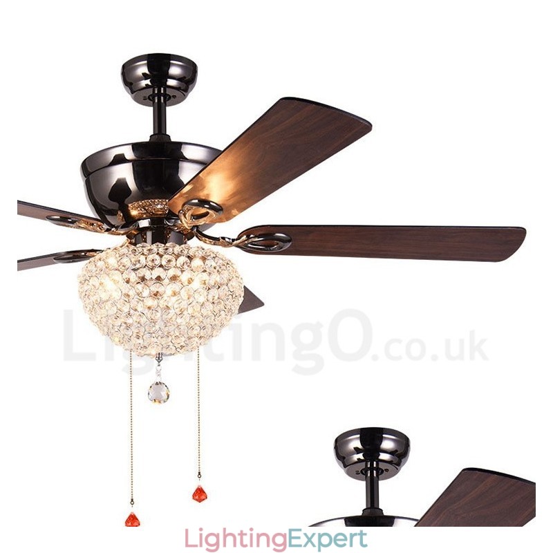 132CM (52") American Style Wood Retro Remote Control Ceiling Fan Light with Crystal Shade Mute Pure Copper Motor