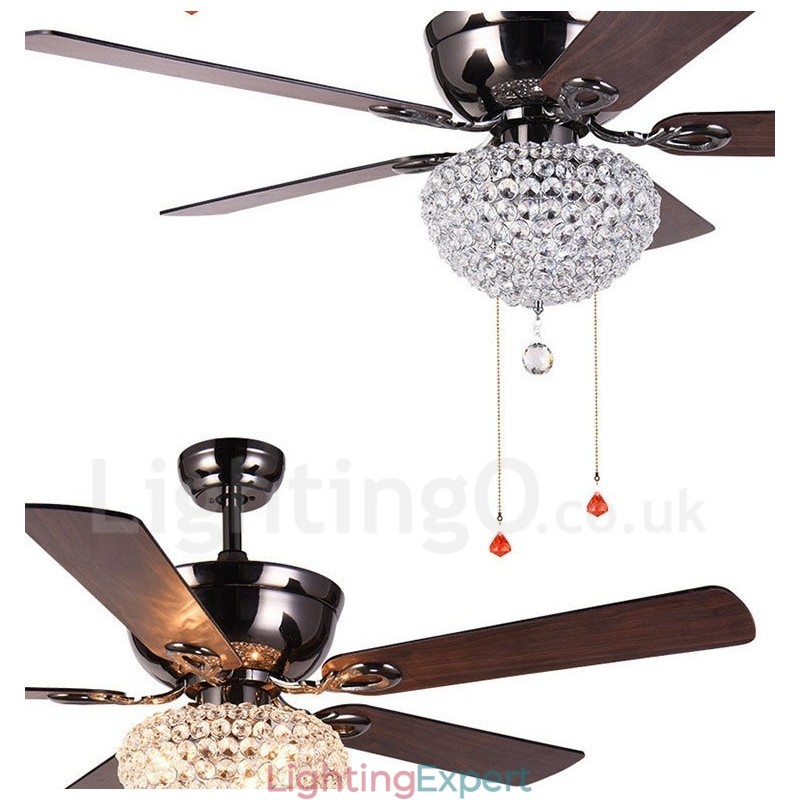 132CM (52") American Style Wood Retro Remote Control Ceiling Fan Light with Crystal Shade Mute Pure Copper Motor