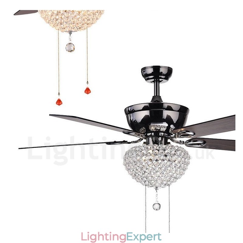 132CM (52") American Style Wood Retro Remote Control Ceiling Fan Light with Crystal Shade Mute Pure Copper Motor