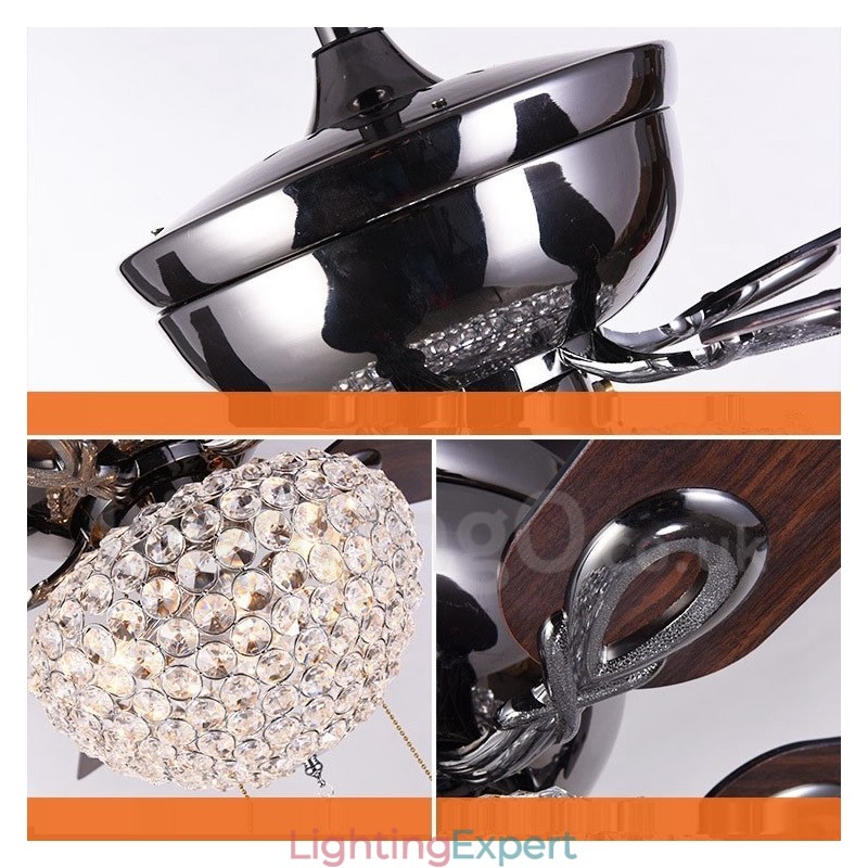 132CM (52") American Style Wood Retro Remote Control Ceiling Fan Light with Crystal Shade Mute Pure Copper Motor