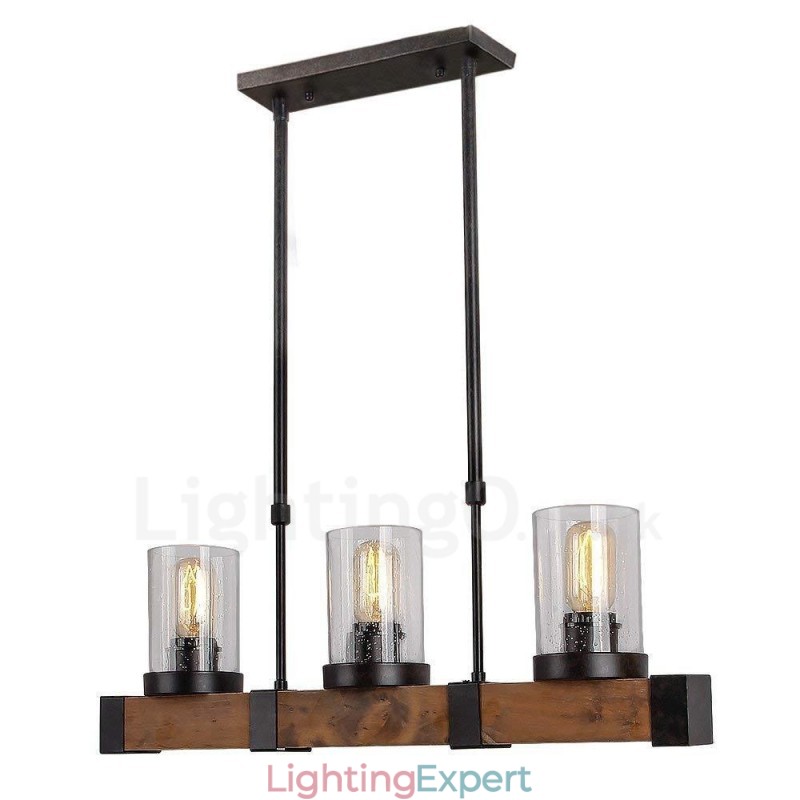 3 Light Vintage Wooden Chandelier Industrial Wind Loft Wood Linear Pendant Lighting