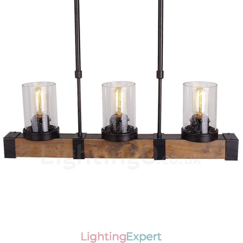3 Light Vintage Wooden Chandelier Industrial Wind Loft Wood Linear Pendant Lighting