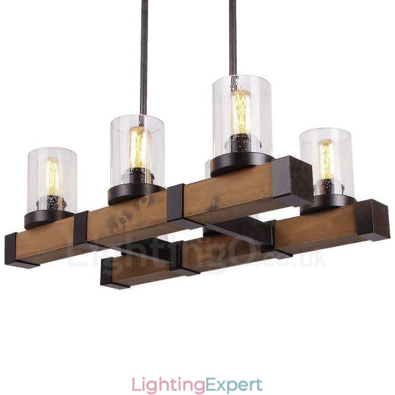 6 Light Vintage Wooden Chandelier Industrial Wind Loft Wood Linear Pendant Lighting