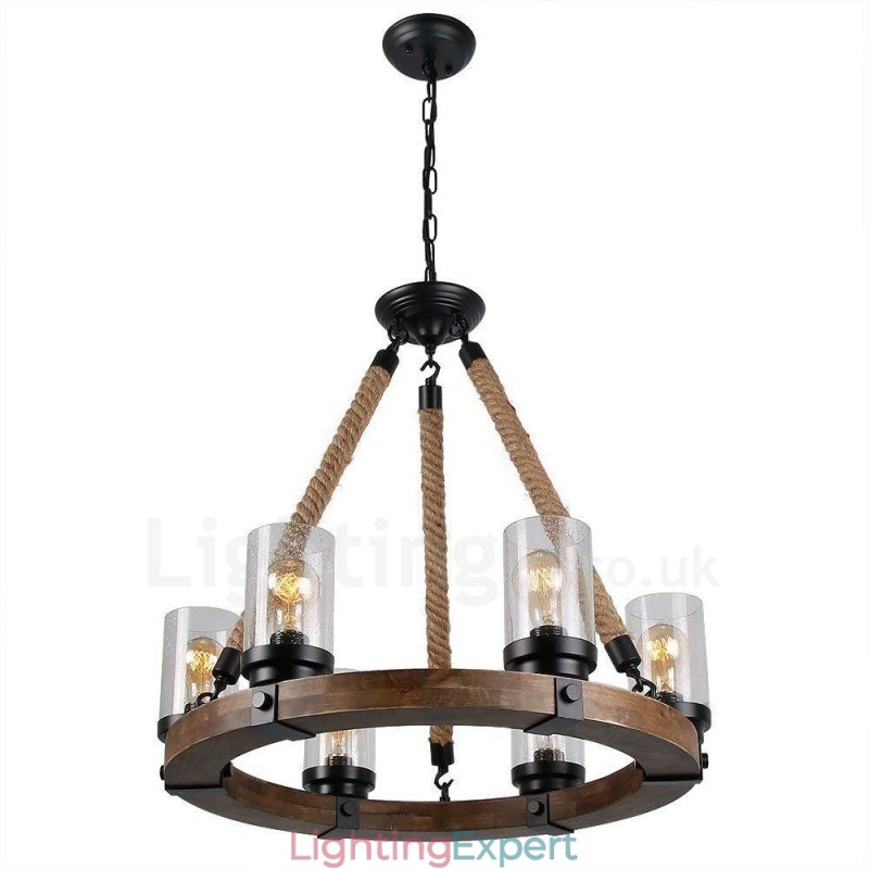6 Light Ring Vintage Wooden Chandelier Industrial Wind Loft Wood Linear Pendant Lighting