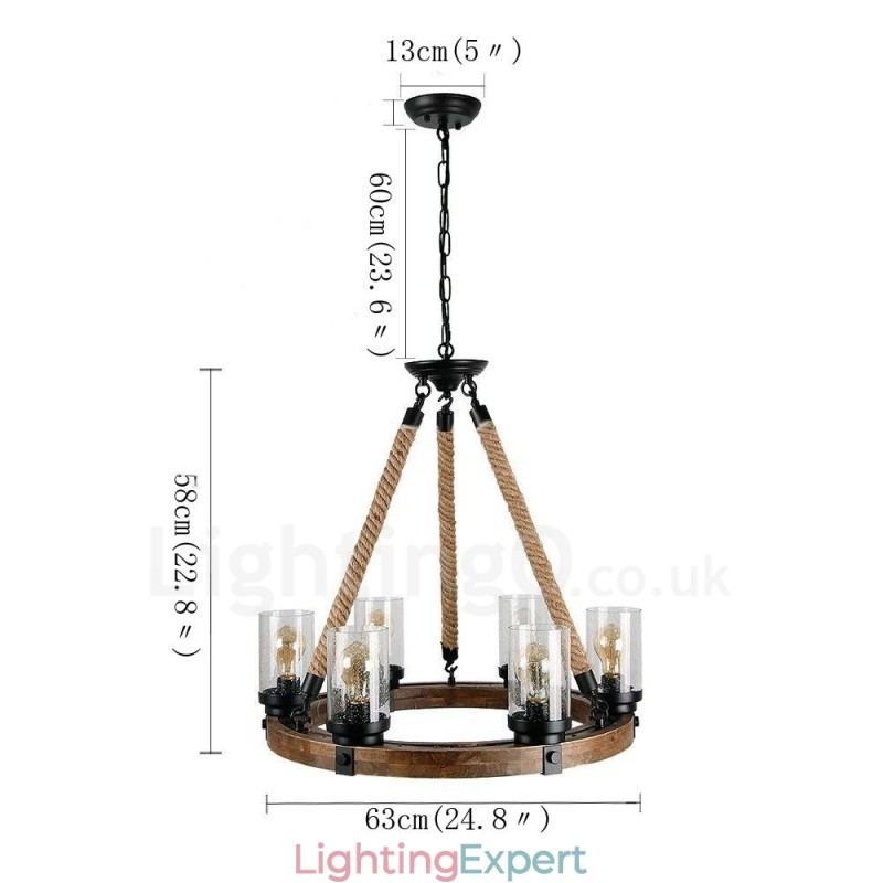 6 Light Ring Vintage Wooden Chandelier Industrial Wind Loft Wood Linear Pendant Lighting