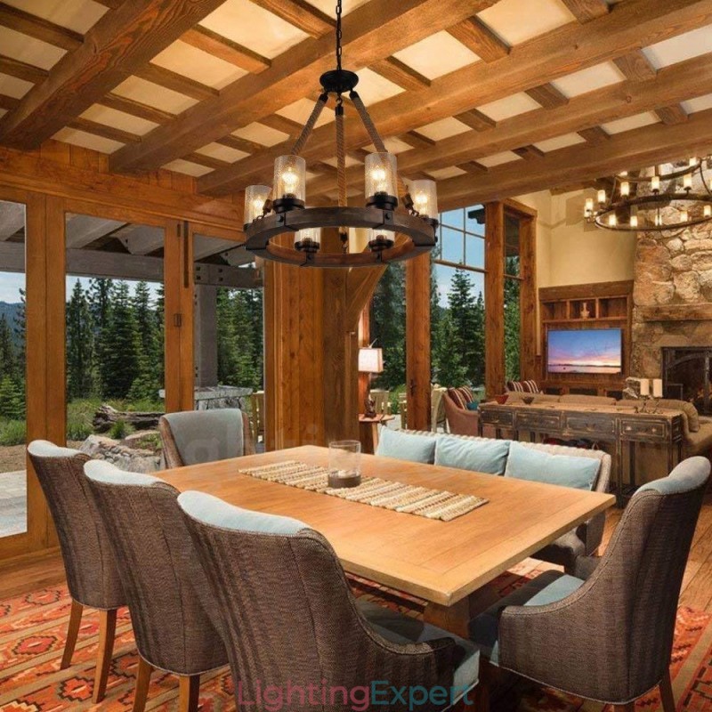 6 Light Ring Vintage Wooden Chandelier Industrial Wind Loft Wood Linear Pendant Lighting