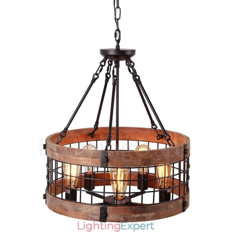 5 Light Drum Vintage Wooden Chandelier Industrial Wind Loft Wood Linear Pendant Lighting