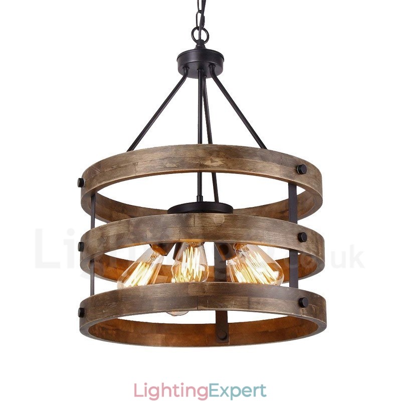 5 Light Drum Vintage Wooden Chandelier Industrial Wind Loft Wood Linear Pendant Lighting
