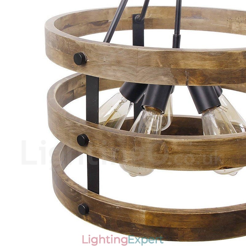 5 Light Drum Vintage Wooden Chandelier Industrial Wind Loft Wood Linear Pendant Lighting