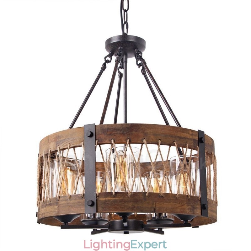 5 Light Drum Vintage Wooden Chandelier Industrial Wind Loft Wood Linear Pendant Lighting