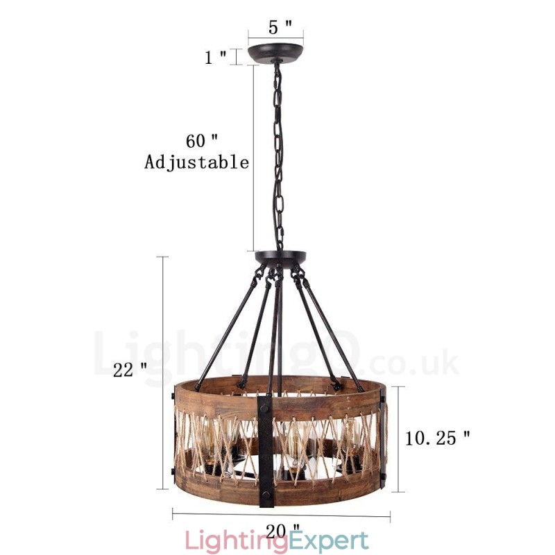 5 Light Drum Vintage Wooden Chandelier Industrial Wind Loft Wood Linear Pendant Lighting