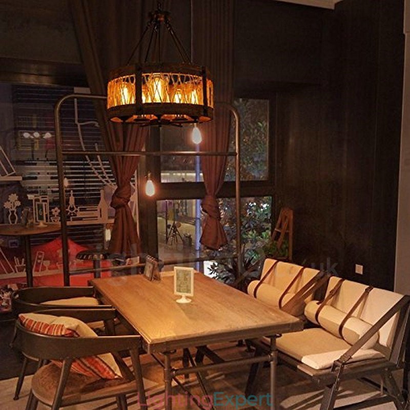 5 Light Drum Vintage Wooden Chandelier Industrial Wind Loft Wood Linear Pendant Lighting
