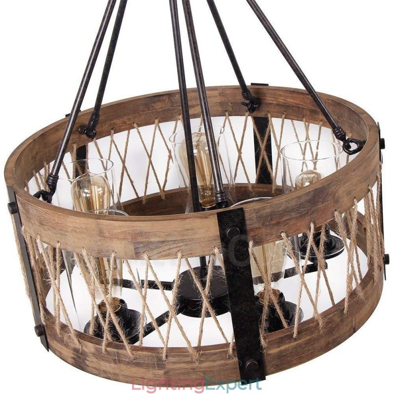 5 Light Drum Vintage Wooden Chandelier Industrial Wind Loft Wood Linear Pendant Lighting