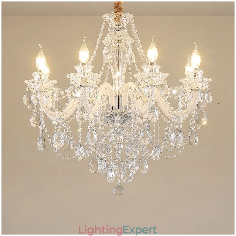 8 Light Clear Crystal Candle White Arm Chandelier
