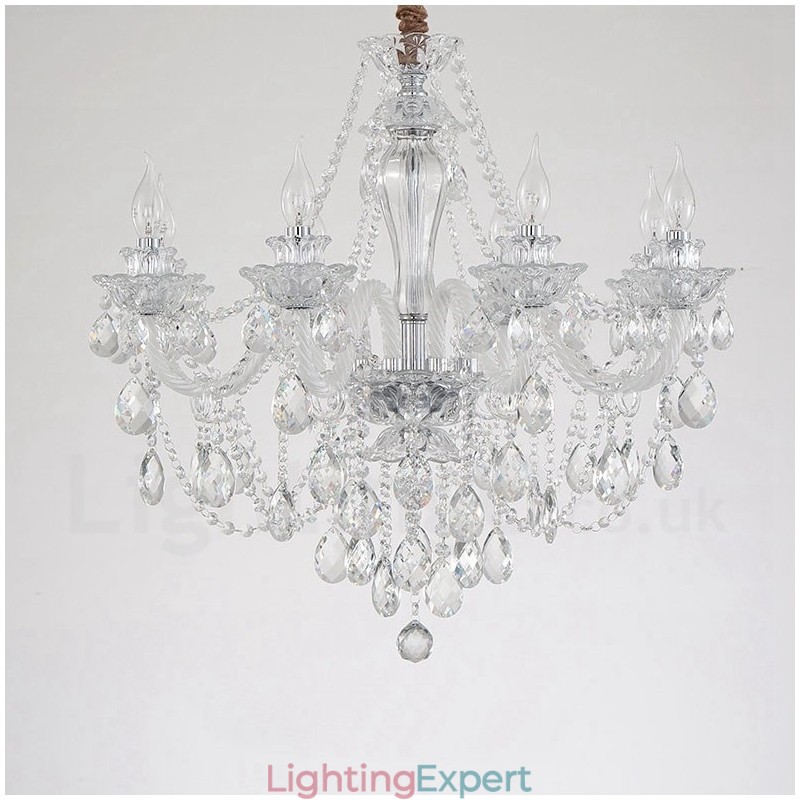 8 Light Clear Crystal Candle White Arm Chandelier