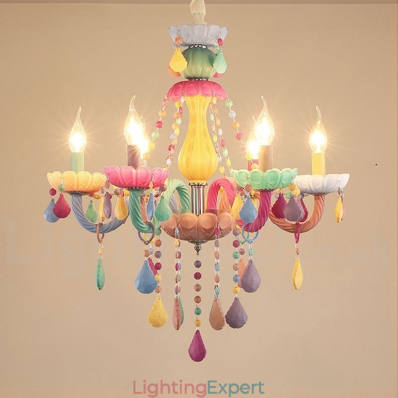 Macaron 6 Light Chandelier with Multi Colours Crystal Candle Mini Style for Kid's Children