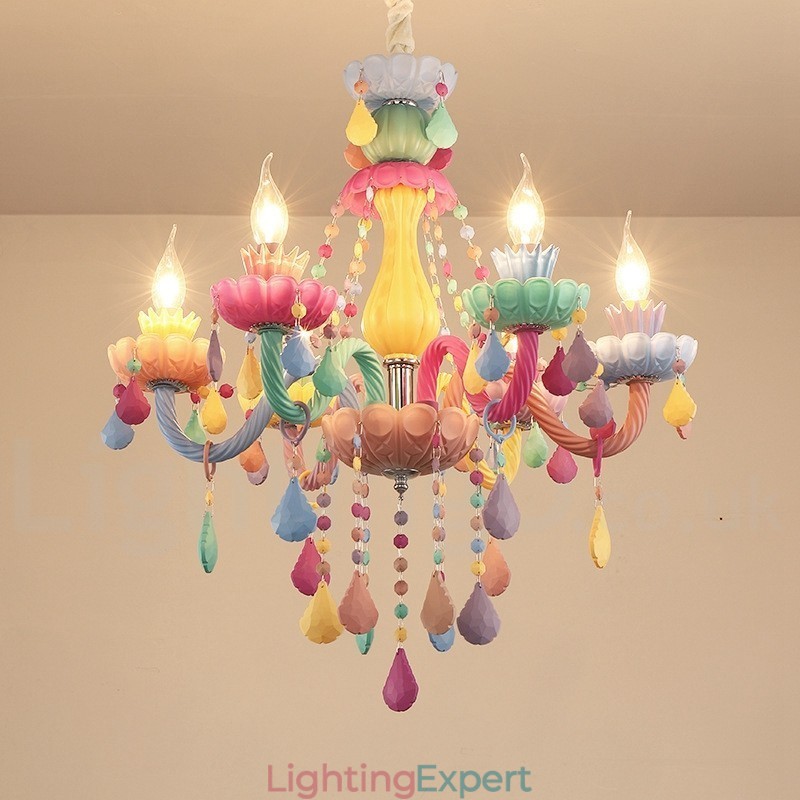 Macaron 6 Light Chandelier with Multi Colours Crystal Candle Mini Style for Kid's Children